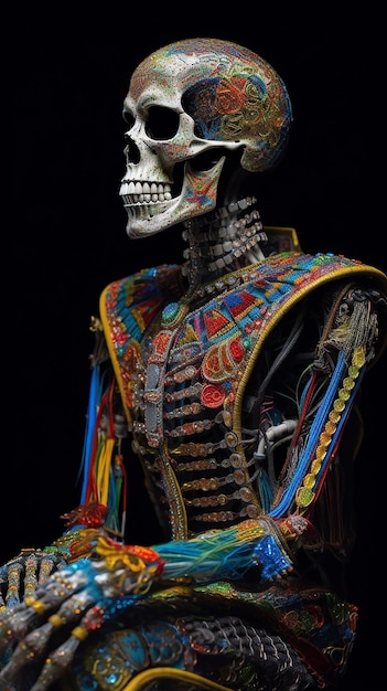 A skeleton with a skull on it is decorated with flowers and fruits.