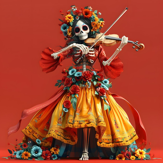 a skeleton with a violin and a violin on it