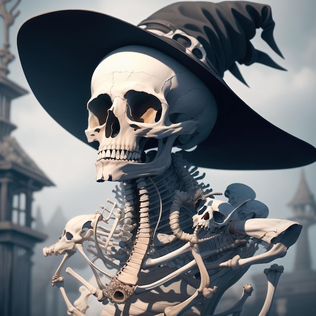 a skeleton with a witch hat