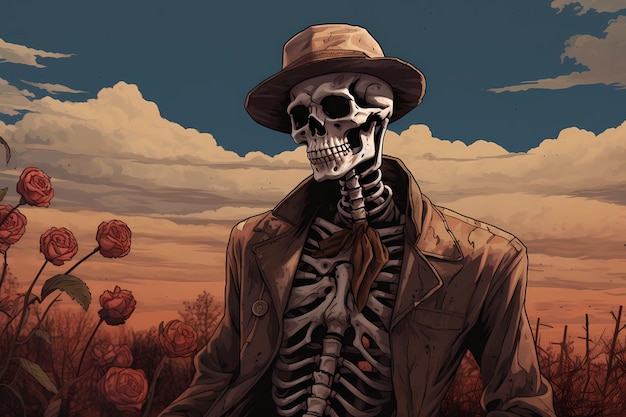 skeleton on a yellow autumn field