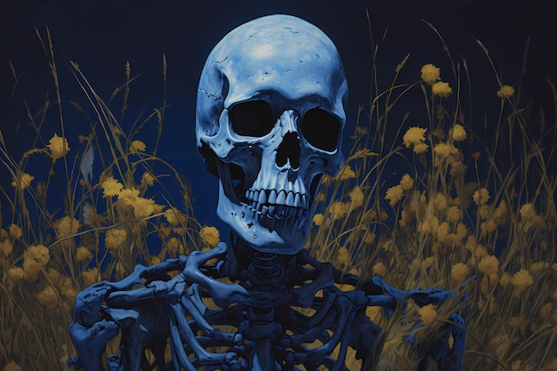 skeleton on a yellow autumn field