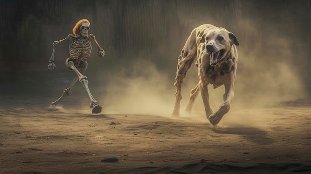 A skeleton and a zombie dog