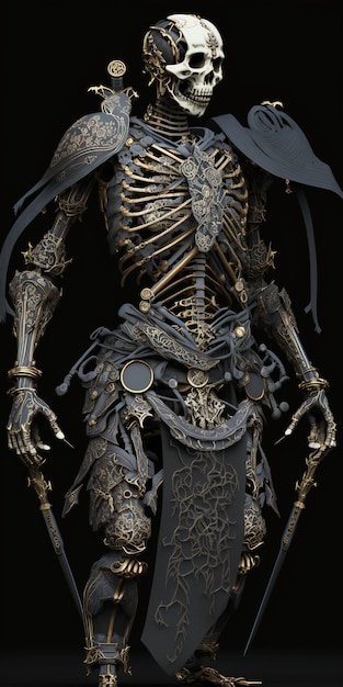 Photo skeletonized kintsugi bushido warrior full body shot.