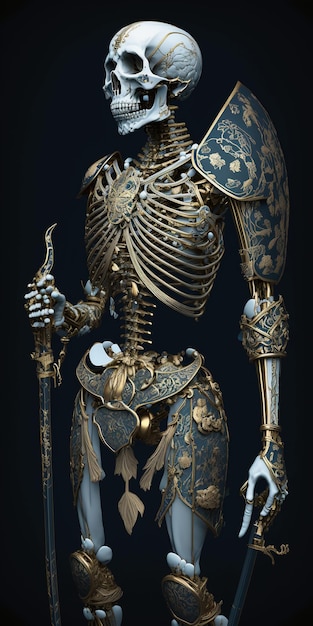 Photo skeletonized kintsugi bushido warrior full body shot.