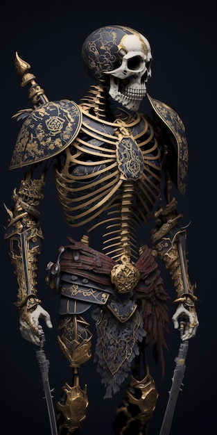 Skeletonized kintsugi bushido warrior full body shot.