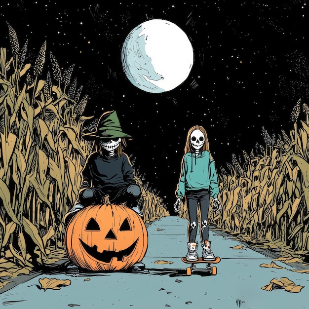 Skeletons in a Cornfield on Halloween Night