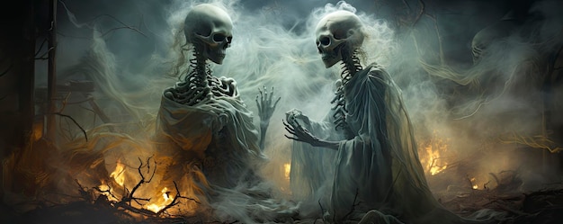 skeletons in a dark room with a full moon behind them.