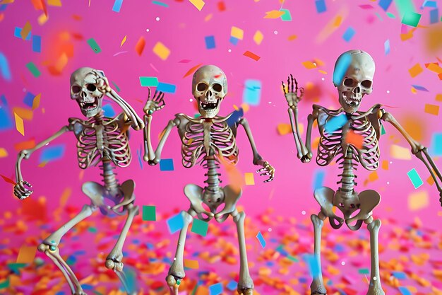 Photo skeletons partying with confetti