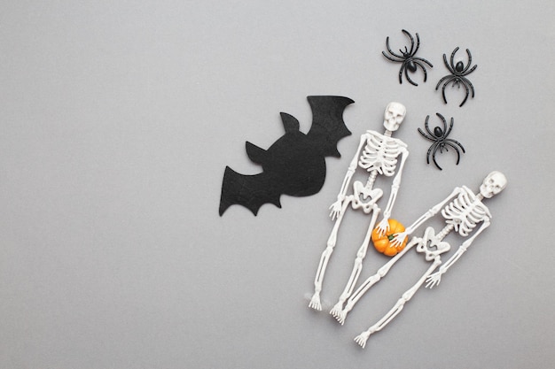 Skeletons with pumpkin bat and black spiders on a grey background halloween concept