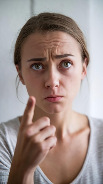 Skeptical suspicious young woman pointing and looking left with rsed eyebrow being unsure having