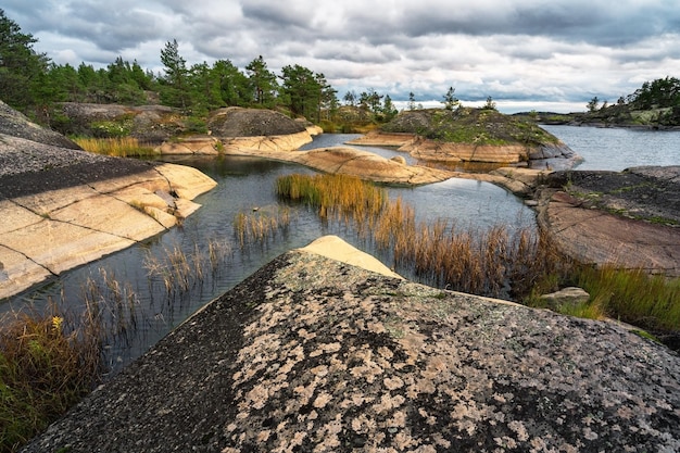 Skers of Lake Ladoga in Karelia, Russia. Tourism famouse place. Landscapes of Northern Nature.