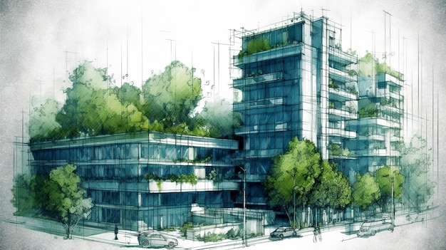 Sketch architecture blueprint building Eco friendly buildings with green trees on the street