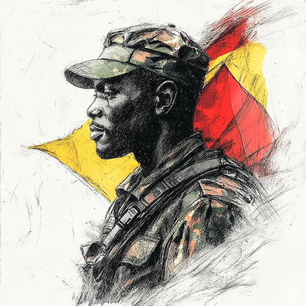 Photo sketch art of an african army man with the uganda flag