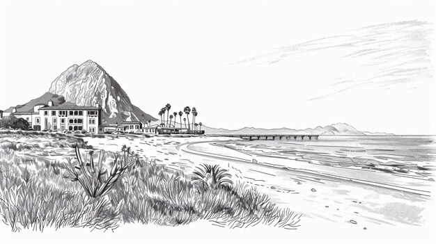 a sketch of a beach house and the mountains in the background