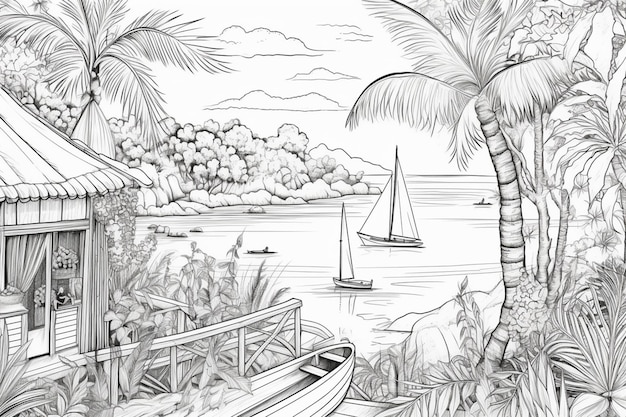 A sketch of a beach with a boat and a palm tree.