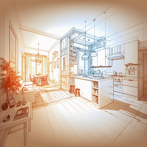 Sketch and Blueprint bright interior of a new apartment hand drawn illustration