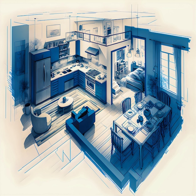 Sketch and Blueprint bright interior of a new apartment hand drawn illustration