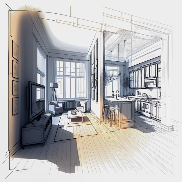 Sketch and Blueprint bright interior of a new apartment hand drawn illustration