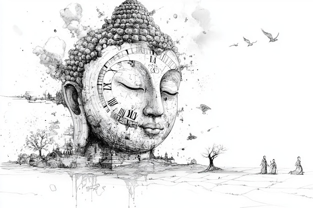 Photo sketch of a buddha face with clock in the background