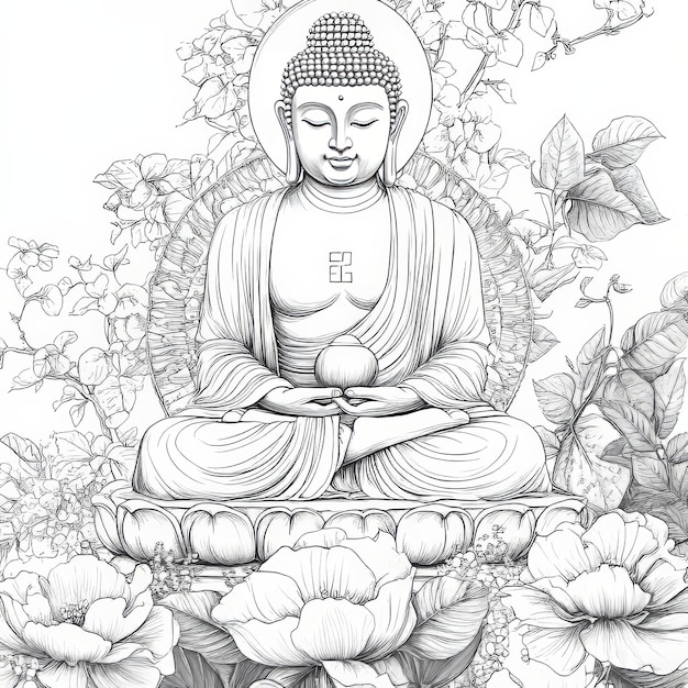 Photo sketch of buddha sitting in lotus position with flowers