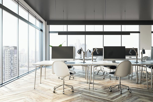 Sketch of contemporary coworking office interior with furniture equipment and panoramic window with city view and daylight 3D Rendering