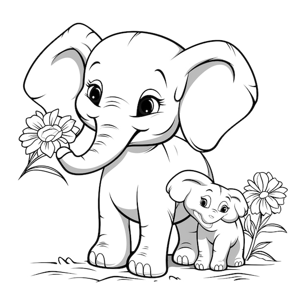 Photo sketch cute baby elephant mother elephant coloring page for kids and adults