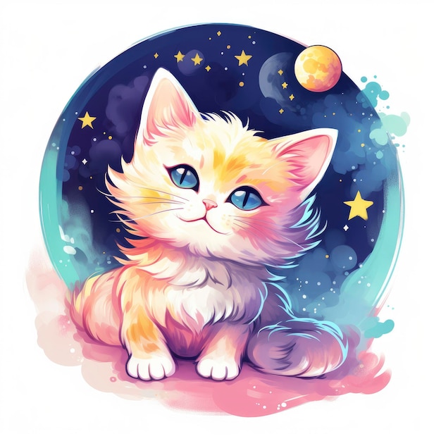 Sketch of a Cute Colorful Cat and Moon