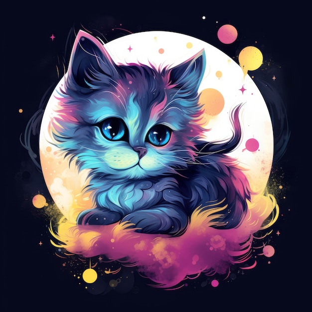 Sketch of a Cute Colorful Cat and Moon