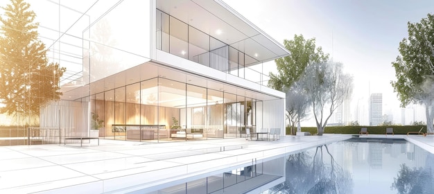 Photo a sketch design of a contemporary villa with expansive glass windows and floortoceiling glazing showcasing a swimming pool and a view of the city skyline