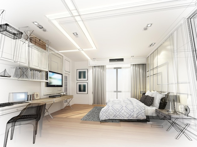 sketch design of interior bedroom,3d rendering