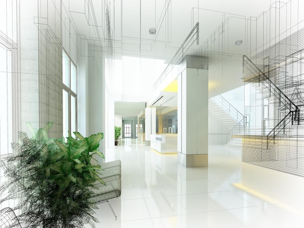 Sketch design of interior hall 3d rendering