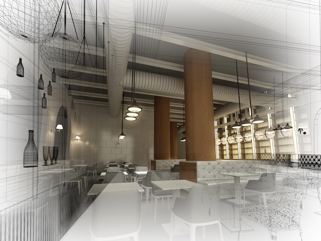 sketch design of   interior restaurant, 3d rendering