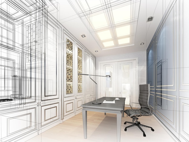 sketch design of interior working room,3d rendering