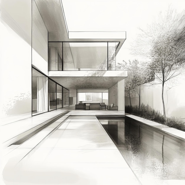 Photo sketch design of modern house with pool3d rendering