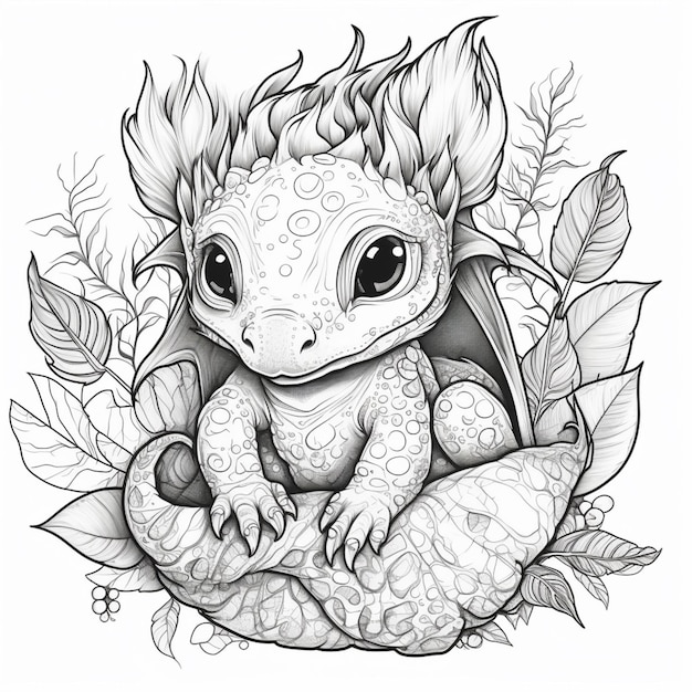 A sketch of a dragon with eyes and ears.