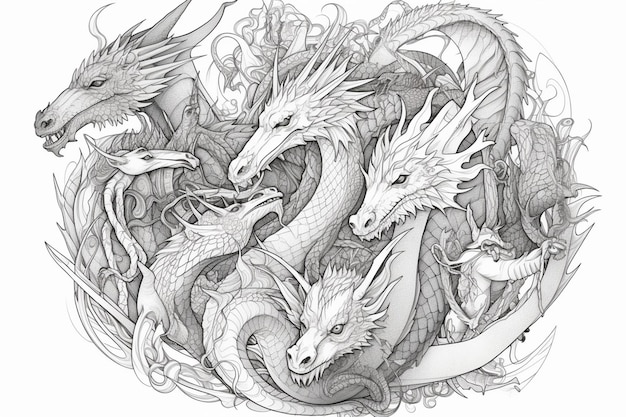 A sketch of a dragon with many heads.