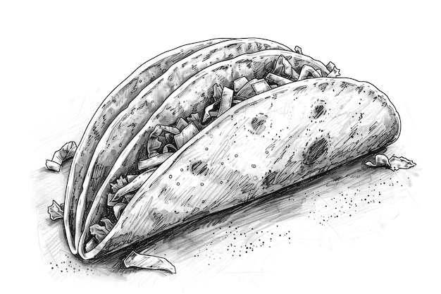 Photo sketch drawing of a mexican taco on white background