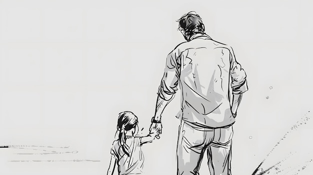 Photo sketch of father holding daughters hand walking together in love