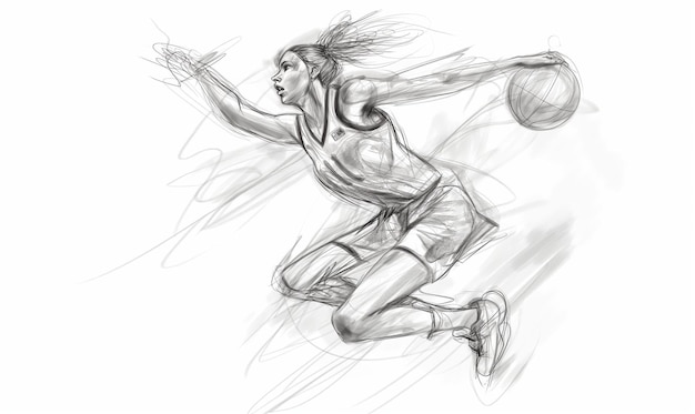 Photo sketch of a female basketball player in a dynamic pose midair capturing motion and intensity