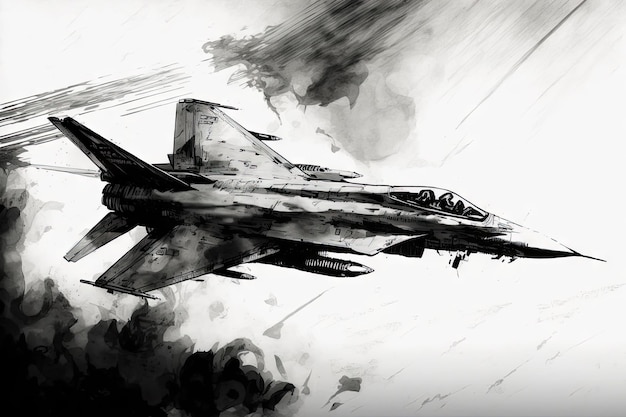 Sketch of fighter jet performing dramatic maneuver in the sky