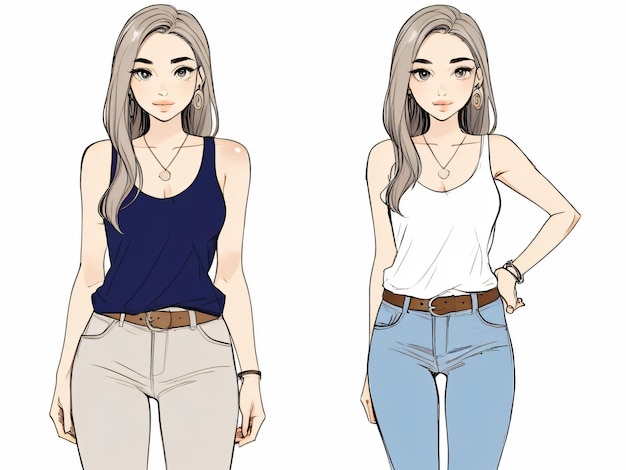 a sketch of a girl with a blue shirt on the left