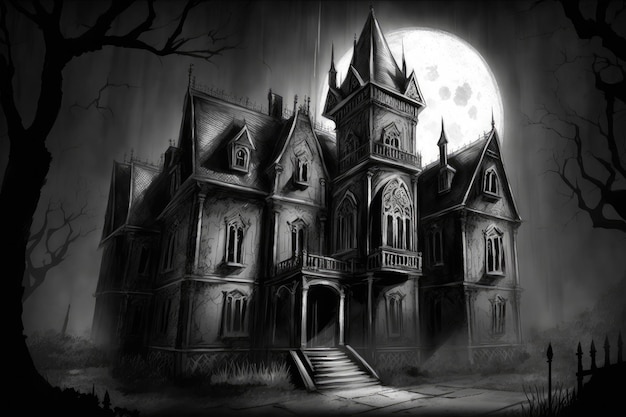 Sketch of gothic house in the moonlight with eerie shadows casting across its facade