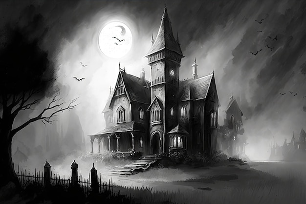 Sketch of gothic house surrounded by mist with the moon shining above