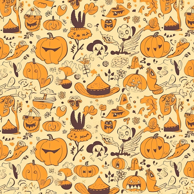 Sketch Halloween seamless pattern with brown and orange colors Generative AI