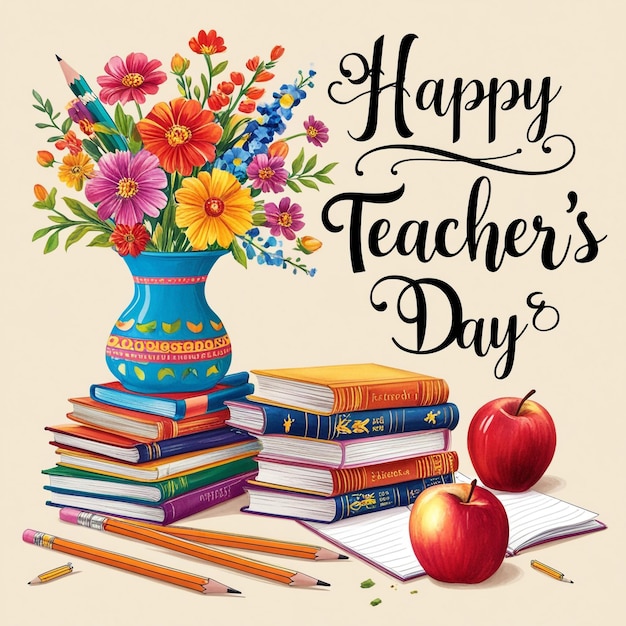 Photo sketch for happy teachers day featuring a stack of books a vase and an apple