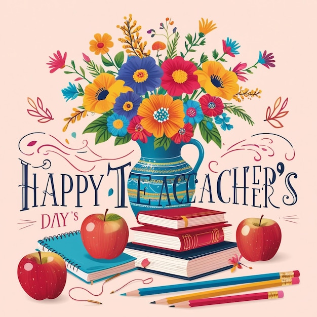 Photo sketch for happy teachers day featuring a stack of books a vase and an apple