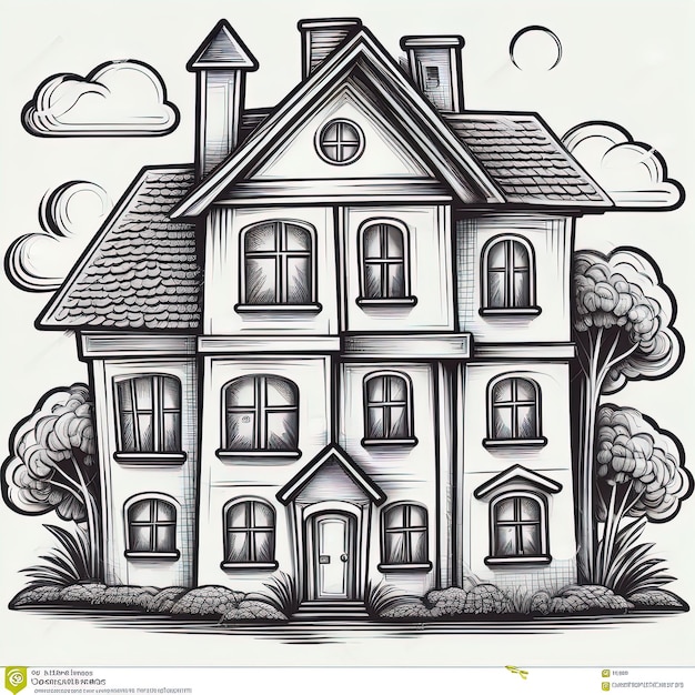 sketch of a house with cloudshand draw house sketch vector illustration black and white