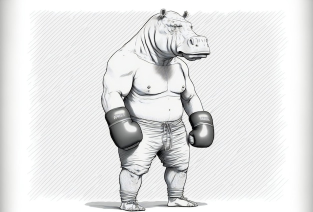 Sketch illustration of a hippopotamus with boxing gloves hand drawn artistic