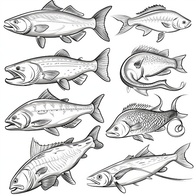 Photo sketch of isolated fish sport or fish market theme salmon tuna and perch carp trout and flounder sheatfish navaga and herring isolated sketch of fish