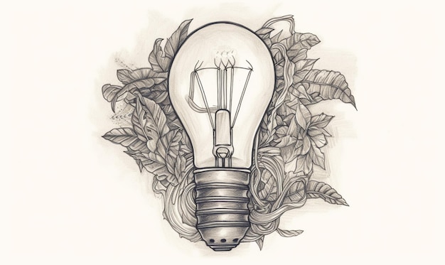 A sketch of a light bulb with leaves and flowers.